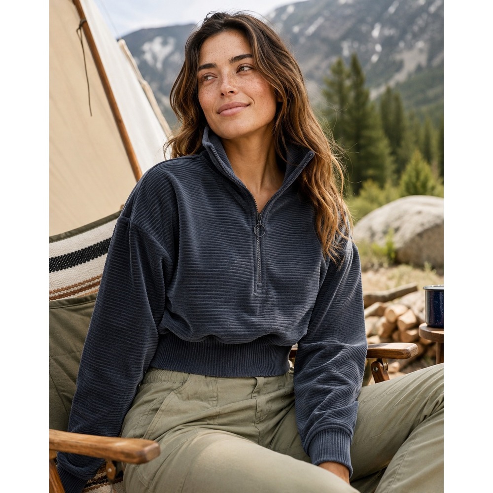 Prana Womens Gray Corduroy Quarter Zip Pullover Cropped Sweatshirt Size M CR4 - Picture 2 of 8